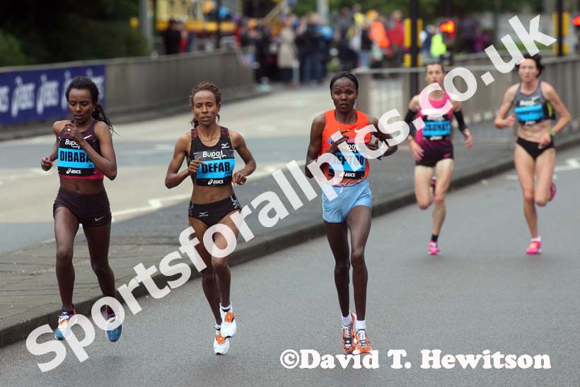 Tirunesh Dibaba, Meseret Defar and Priscah Jeptoo start to move away from the rest of the field in the BUPA Great North Run.
